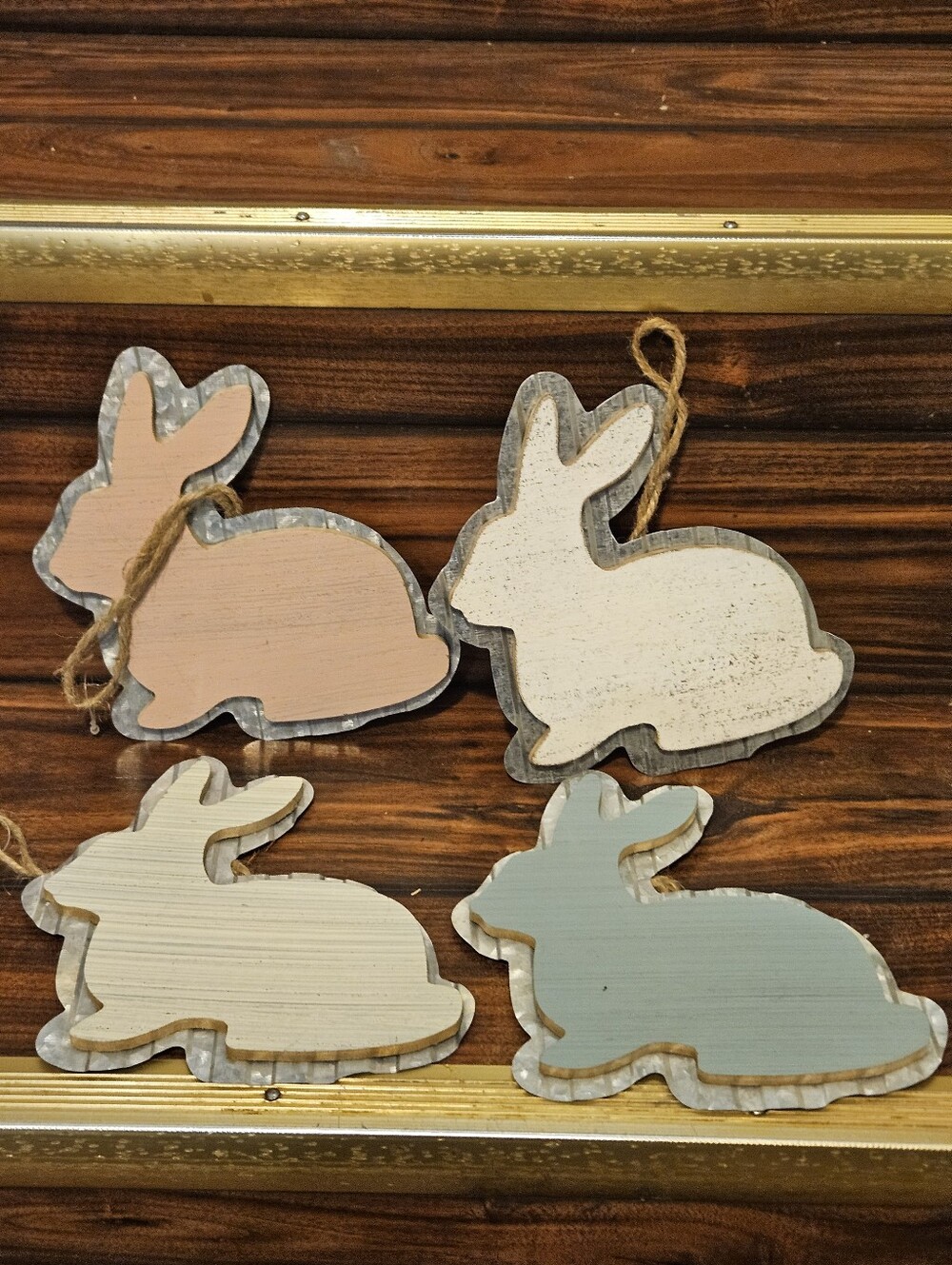 EASTER BUNNY Wood Metal Ornaments Lot 4 Rustic Shabby Chic Farmhouse Rabbit Sign